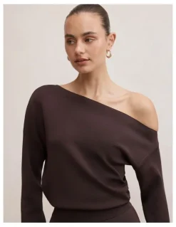 Forever New Ayva Asymmetric Knitted Top in Brown
