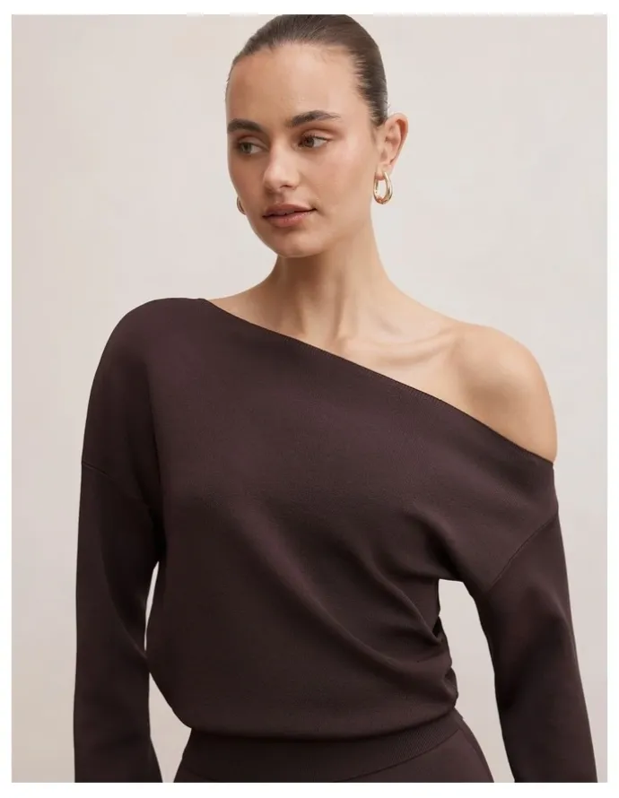 Forever New Ayva Asymmetric Knitted Top in Brown