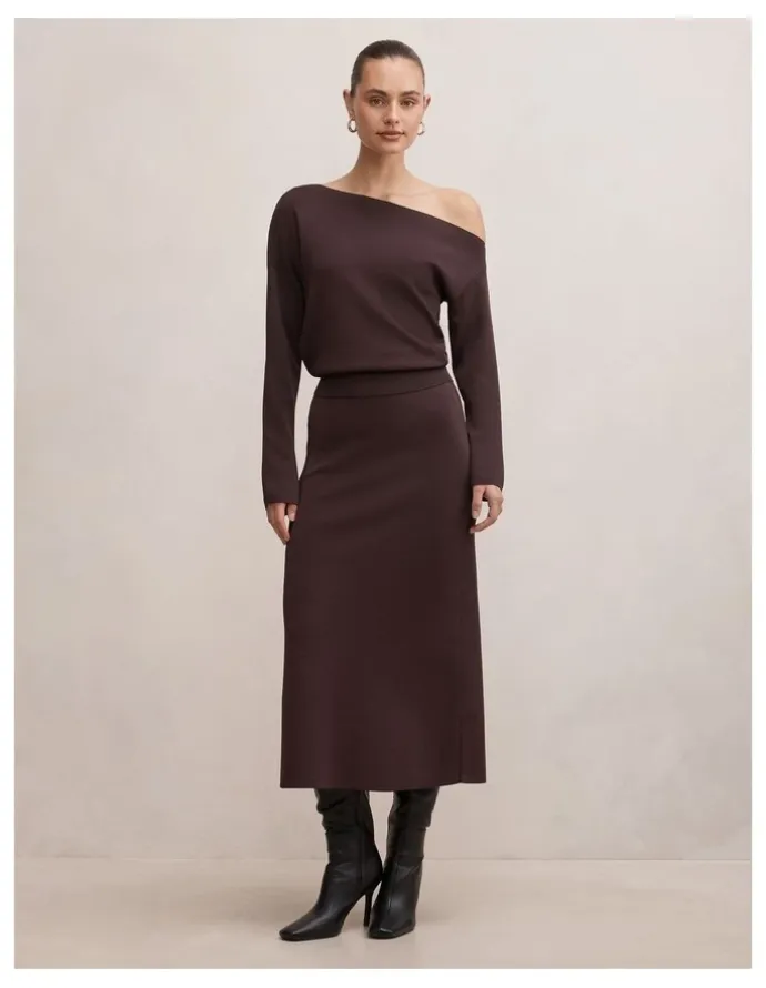 Forever New Ayva Asymmetric Knitted Top in Brown