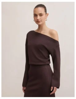 Forever New Ayva Asymmetric Knitted Top in Brown