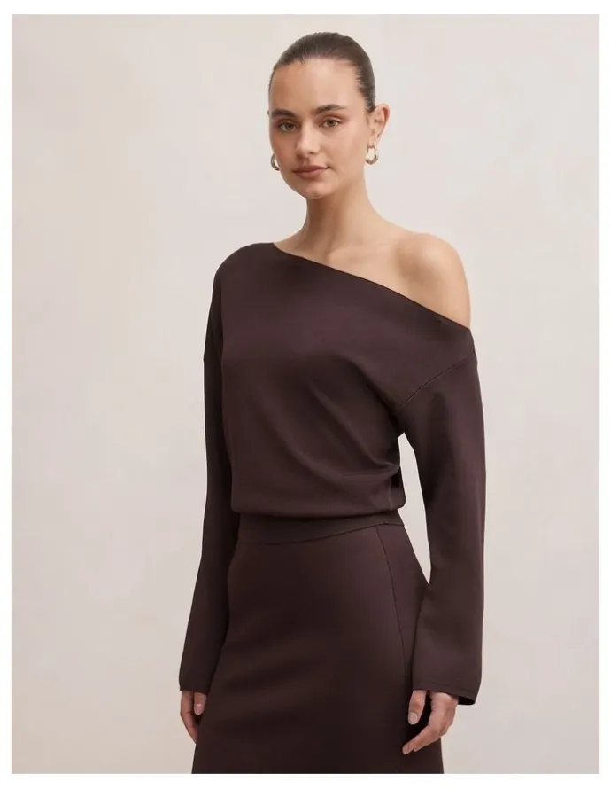 Forever New Ayva Asymmetric Knitted Top in Brown