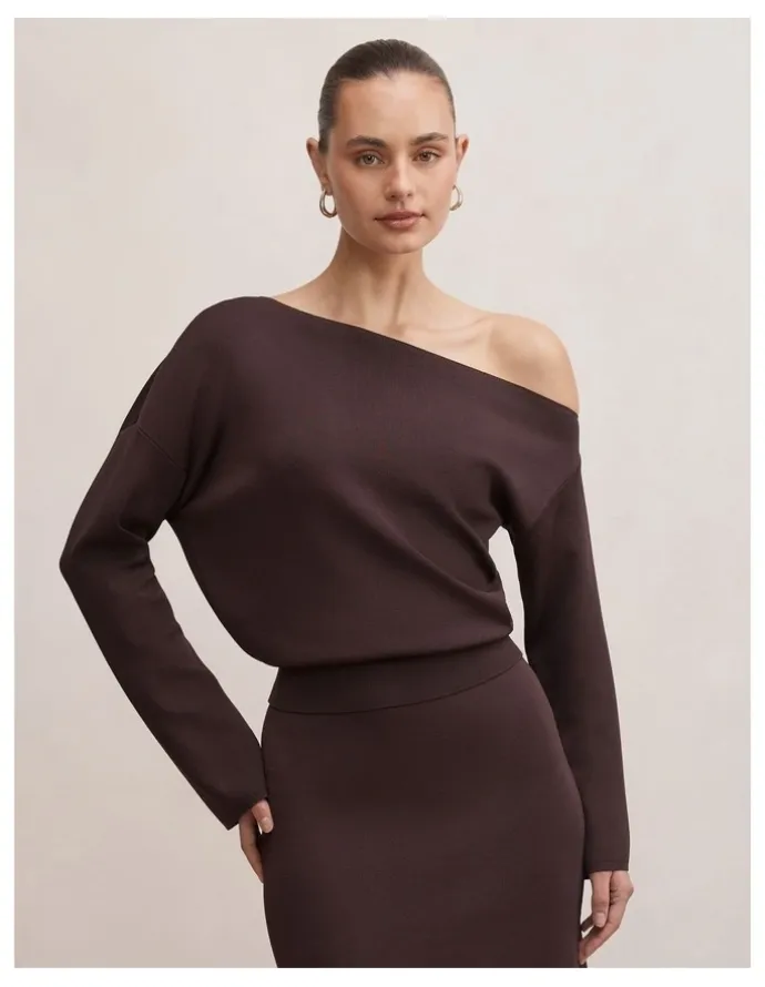 Forever New Ayva Asymmetric Knitted Top in Brown