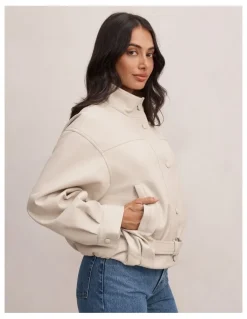 Forever New Belle Belted Vegan Leather Bomber Jacket in Cream