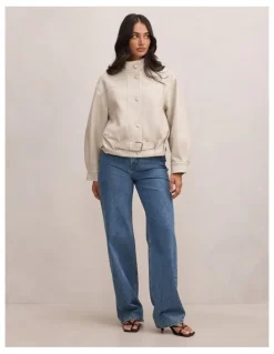 Forever New Belle Belted Vegan Leather Bomber Jacket in Cream