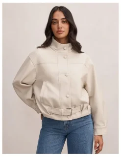 Forever New Belle Belted Vegan Leather Bomber Jacket in Cream