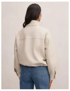 Forever New Belle Belted Vegan Leather Bomber Jacket in Cream