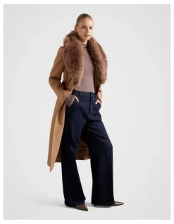 Forever New Chelsea Double Breasted Fur Collar Coat in Camel
