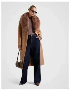 Forever New Chelsea Double Breasted Fur Collar Coat in Camel