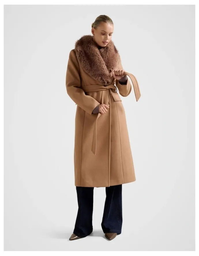 Forever New Chelsea Double Breasted Fur Collar Coat in Camel