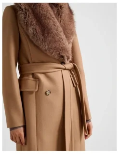 Forever New Chelsea Double Breasted Fur Collar Coat in Camel