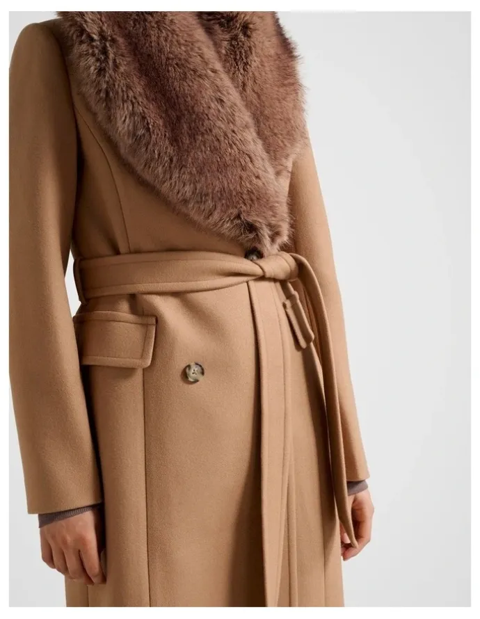 Forever New Chelsea Double Breasted Fur Collar Coat in Camel