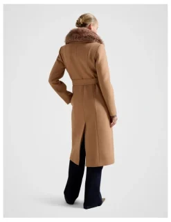 Forever New Chelsea Double Breasted Fur Collar Coat in Camel