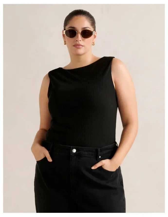 Forever New Curve Frankie Boat Neck Tank Top in Black