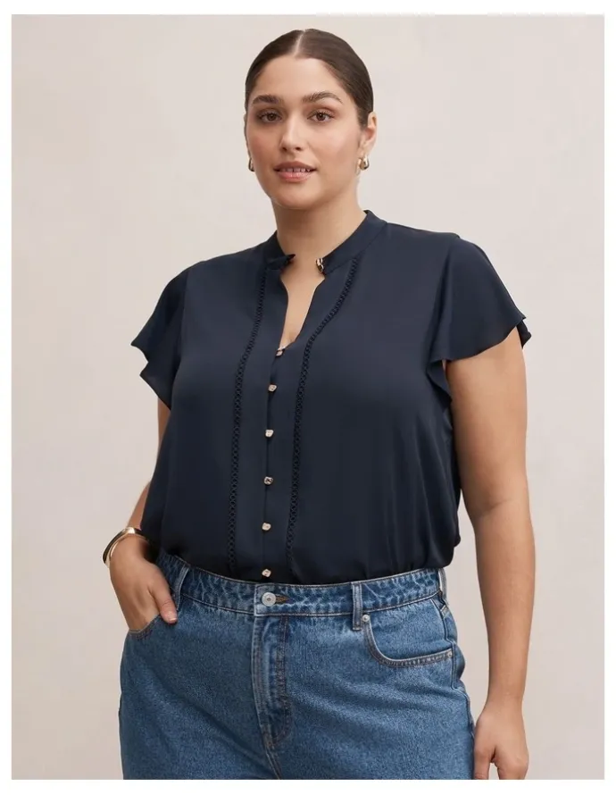 Forever New Curve Jennie Flutter Sleeves Blouse in Navy