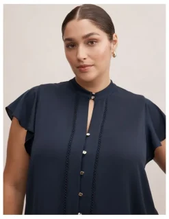Forever New Curve Jennie Flutter Sleeves Blouse in Navy