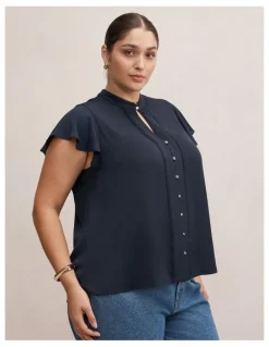 Forever New Curve Jennie Flutter Sleeves Blouse in Navy