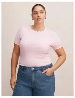 Forever New Curve Rebecca Scallop Trim T-Shirt in Pink