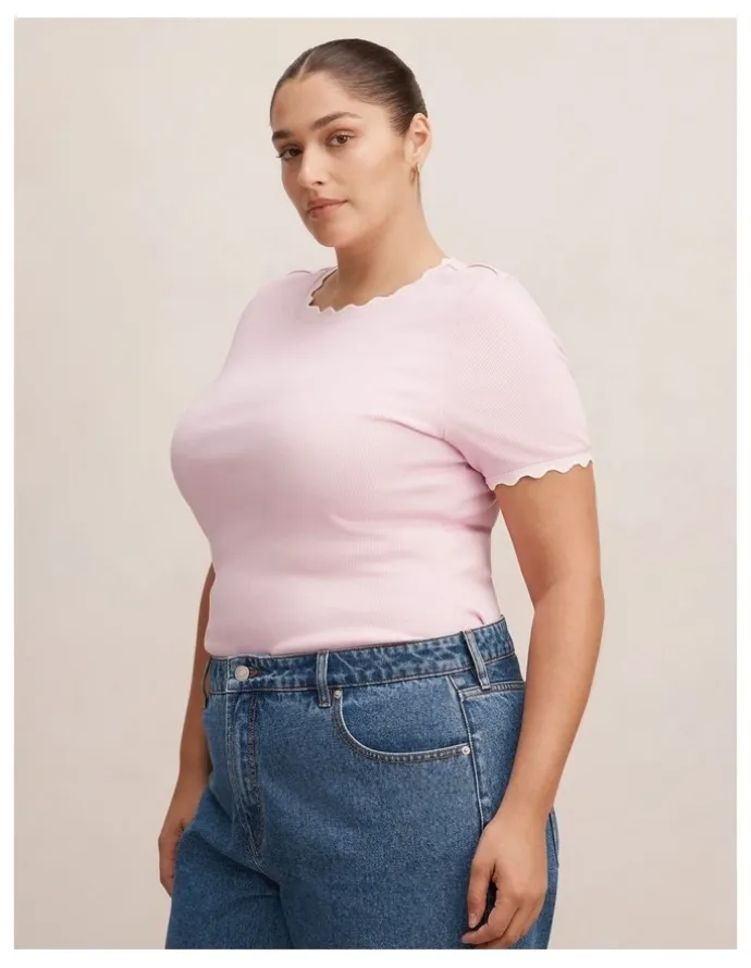 Forever New Curve Rebecca Scallop Trim T-Shirt in Pink