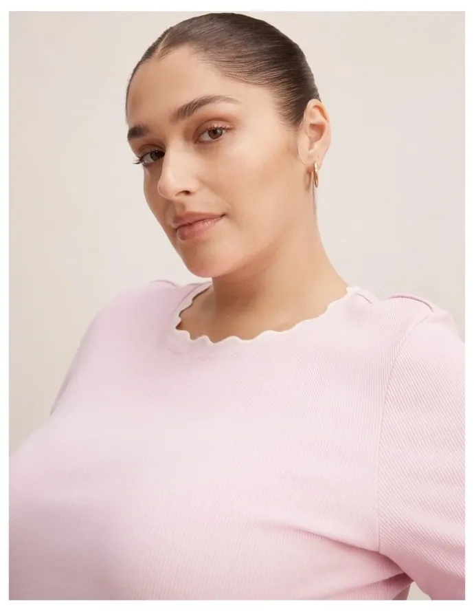 Forever New Curve Rebecca Scallop Trim T-Shirt in Pink