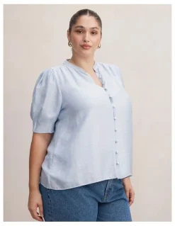 Forever New Curve Tahlia Tuck Detail Blouse in Blue