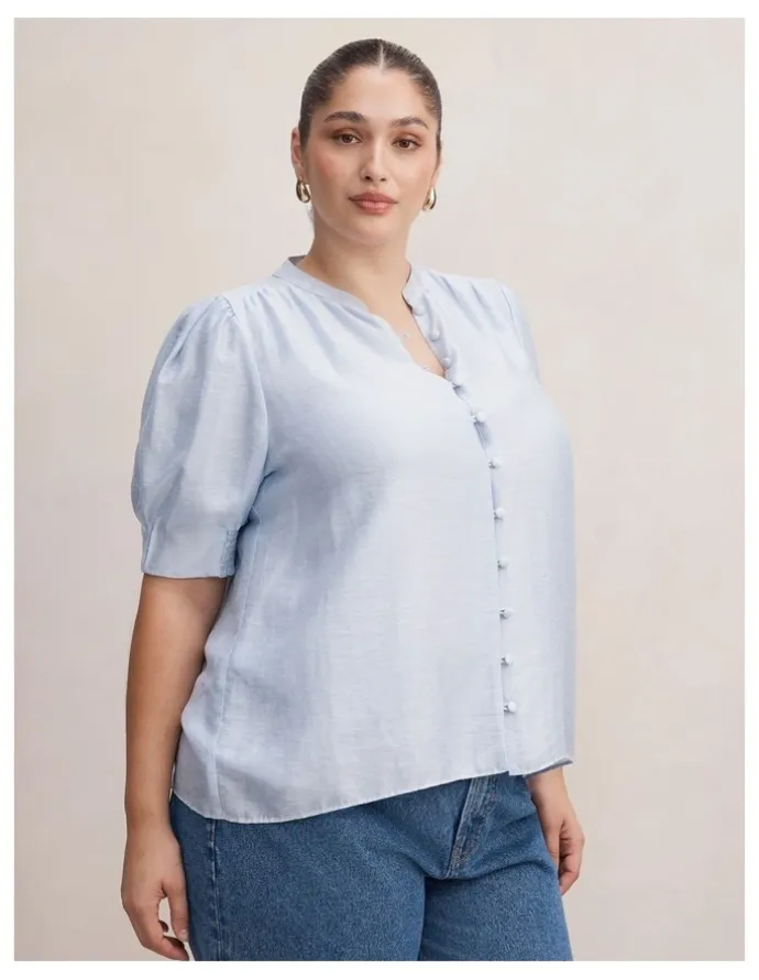 Forever New Curve Tahlia Tuck Detail Blouse in Blue