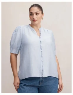 Forever New Curve Tahlia Tuck Detail Blouse in Blue