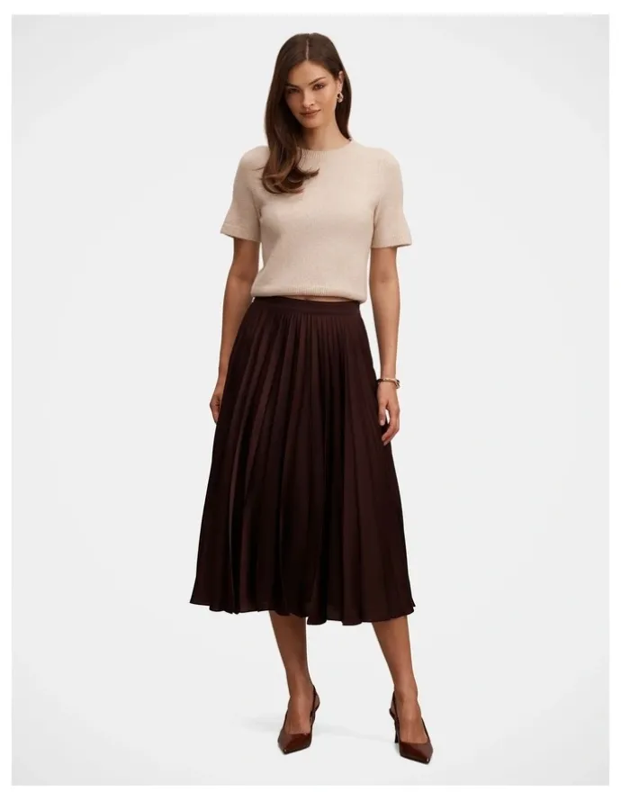 Forever New Danielle Pleated Midi Skirt in Chocolate