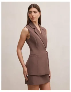 Forever New Demi Tie Sleeveless Blazer in Brown