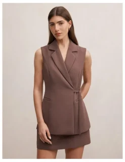 Forever New Demi Tie Sleeveless Blazer in Brown