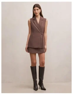 Forever New Demi Tie Sleeveless Blazer in Brown