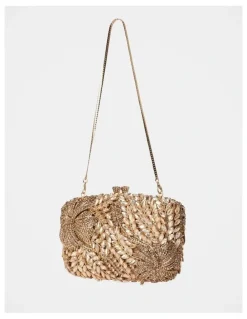Forever New Everly Orchid Flower Clasp Hardcase Clutch Bag in Gold