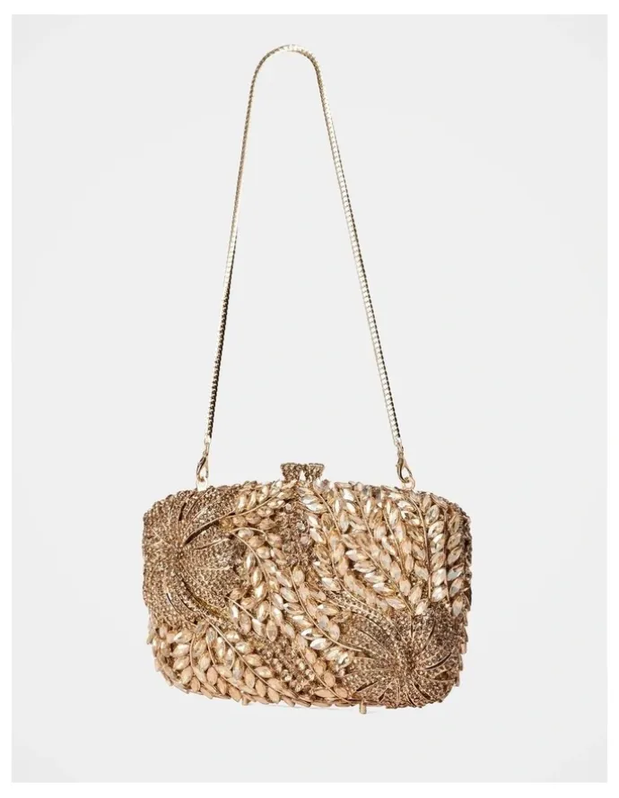 Forever New Everly Orchid Flower Clasp Hardcase Clutch Bag in Gold