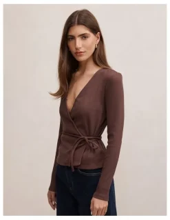 Forever New Francesca Ballet Wrap Top in Chocolate