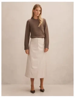 Forever New Isla Vegan Leather Midi Skirt in Cream
