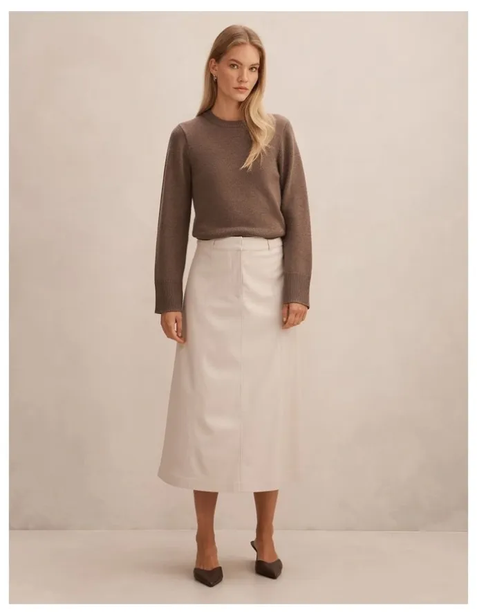 Forever New Isla Vegan Leather Midi Skirt in Cream
