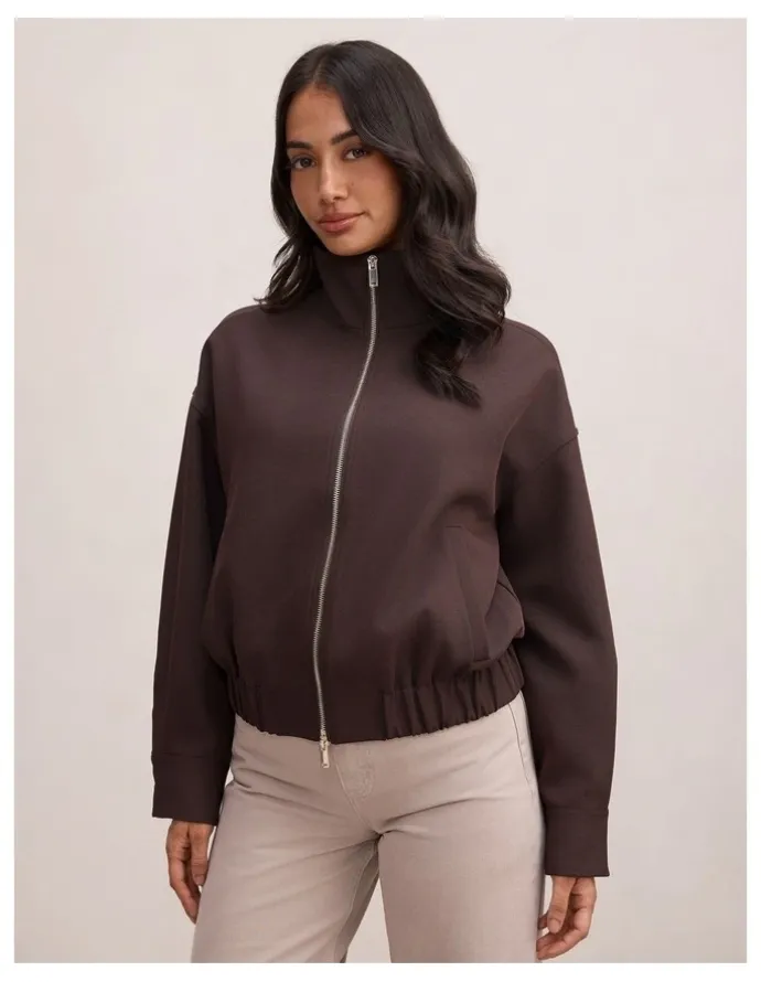 Forever New Jenna Twill Funnel Neck Jacket in Brown