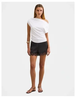 Forever New Jessica Lace Trim Satin Shorts in Black