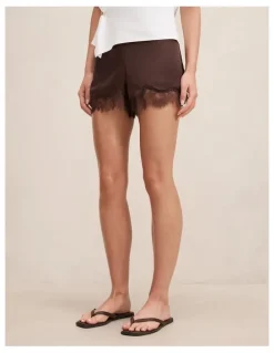 Forever New Jessica Lace Trim Satin Shorts in Chocolate