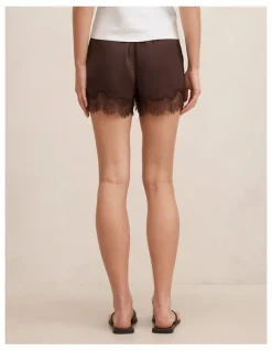 Forever New Jessica Lace Trim Satin Shorts in Chocolate