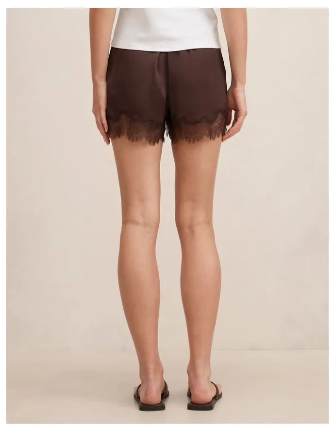 Forever New Jessica Lace Trim Satin Shorts in Chocolate