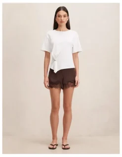 Forever New Jessica Lace Trim Satin Shorts in Chocolate