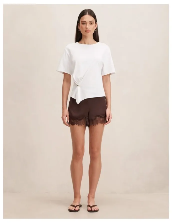 Forever New Jessica Lace Trim Satin Shorts in Chocolate