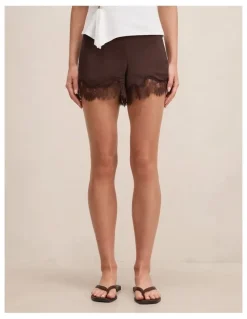 Forever New Jessica Lace Trim Satin Shorts in Chocolate
