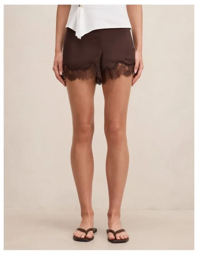Forever New Jessica Lace Trim Satin Shorts in Chocolate