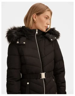 Forever New Layla Long Puffer Jacket in Black