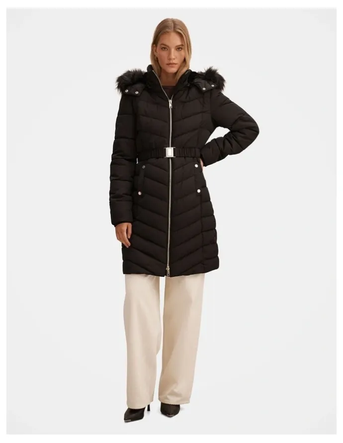Forever New Layla Long Puffer Jacket in Black
