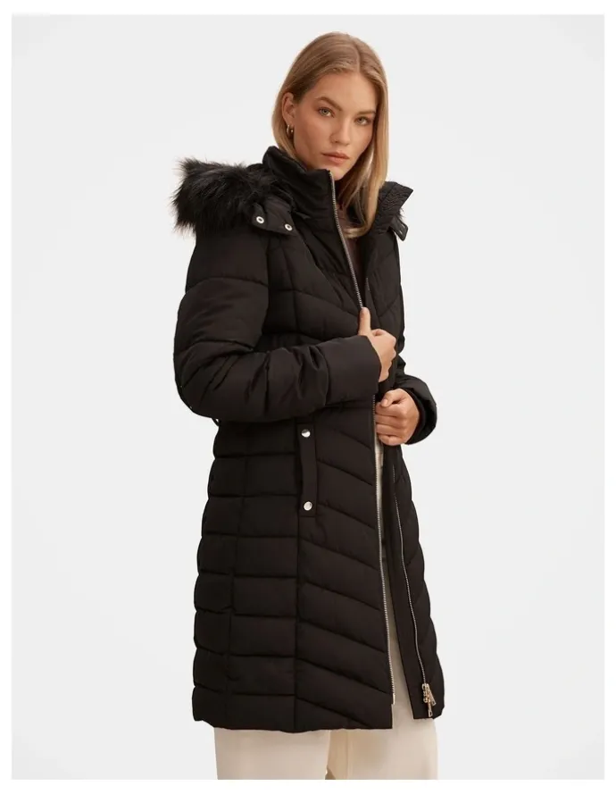 Forever New Layla Long Puffer Jacket in Black