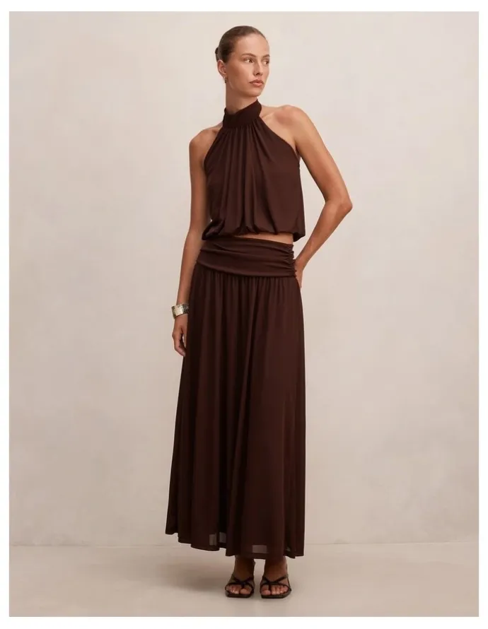 Forever New Layne Gathered Basque Maxi Skirt in Rich Chocolate