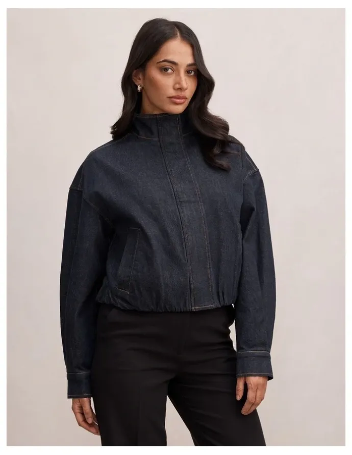 Forever New Lola Funnel Neck Denim Jacket in Blue