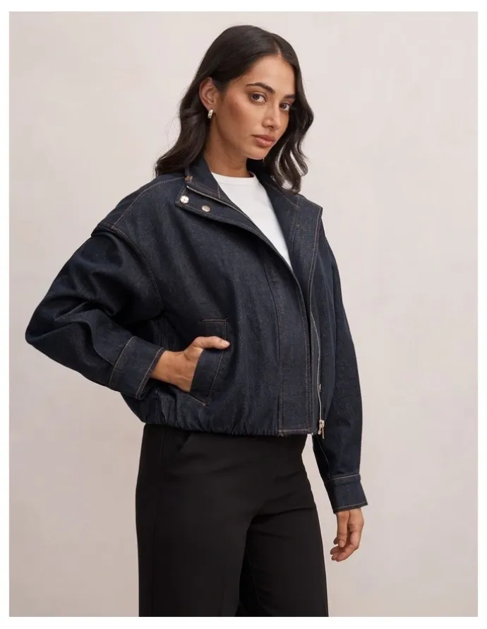 Forever New Lola Funnel Neck Denim Jacket in Blue